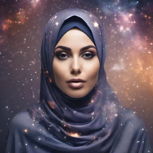 Prompt: beautiful woman in hijab exhaling smoke in the form of stars and galaxies.