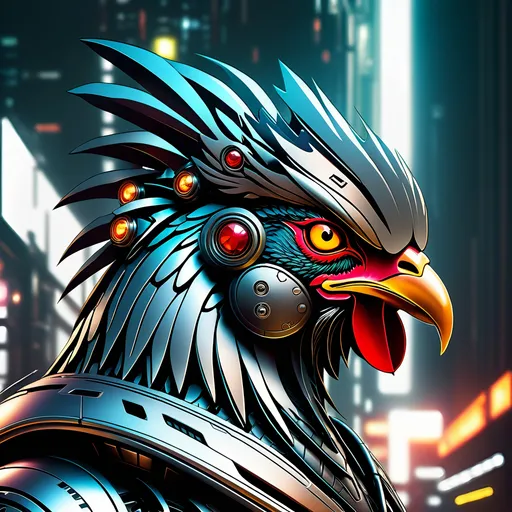 Prompt: Futuristic sci-fi illustration of a metallic rooster mech, sleek design, detailed metal textures, high-tech enhancements, intense and focused gaze, cool-toned lighting, urban cyberpunk setting, best quality, highres, ultra-detailed, sci-fi, futuristic, metallic, sleek design, detailed textures, intense gaze, cool-toned lighting, cyberpunk