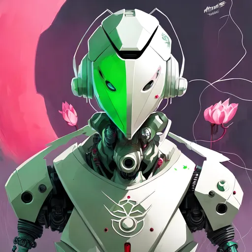 Prompt: cartoon white lotus mantis robot , cyberpunk tones, cyberpunk colors, mechanical environnement with vines and vegetation
