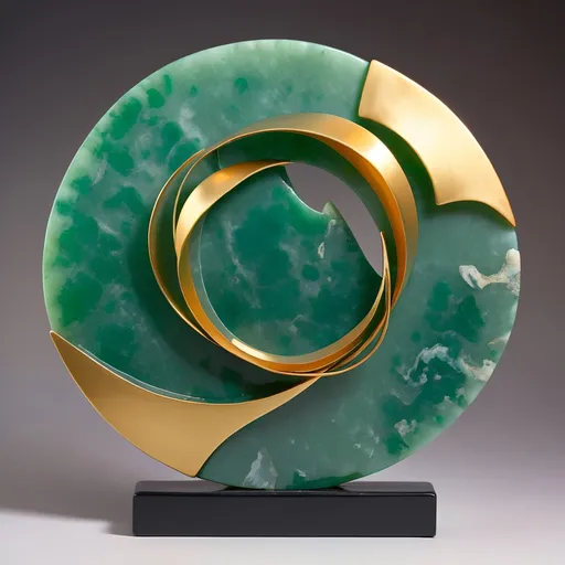 Prompt: abstract metal  tabletop sculpture, jade and gold, bright solid colored background