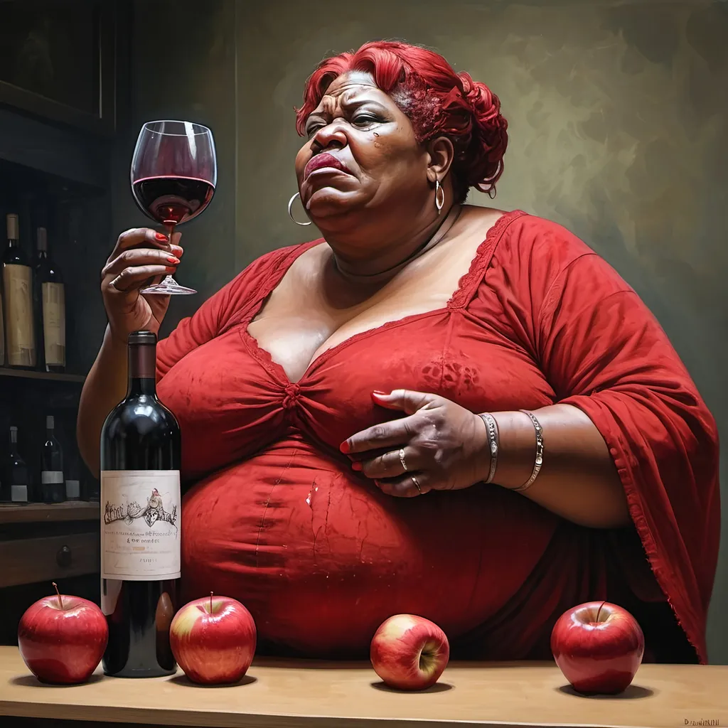 Prompt: Big Mama Bertha, Final Rage of Court Case, Flowing red Sadness, Wine of Anarchy, red apples by Daniel Overwall