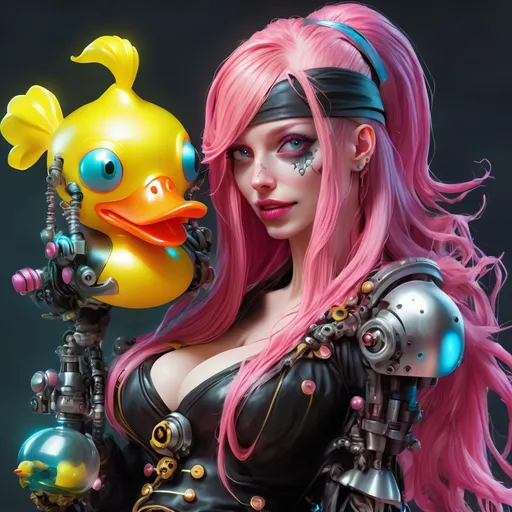 Prompt: Beautiful cybernetic female pirate with long pink hair and a small cybernetic rubber duck.
