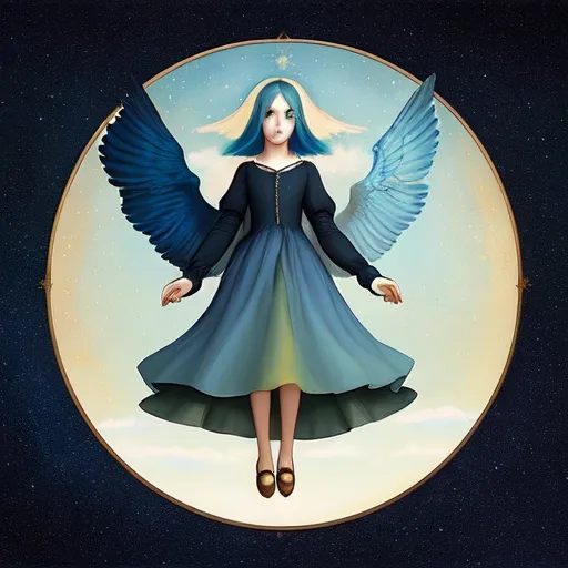 Prompt: In style of christian Schloe and daria Petrilli, a giant colorful bird flying with a beautiful cute girl with a very long and wild  ombre gradient blue hair on its back in a beautiful starry sky. Craquelure, egg tempera effect, Naive art, extremely detailed, optical illusion, oil painting 