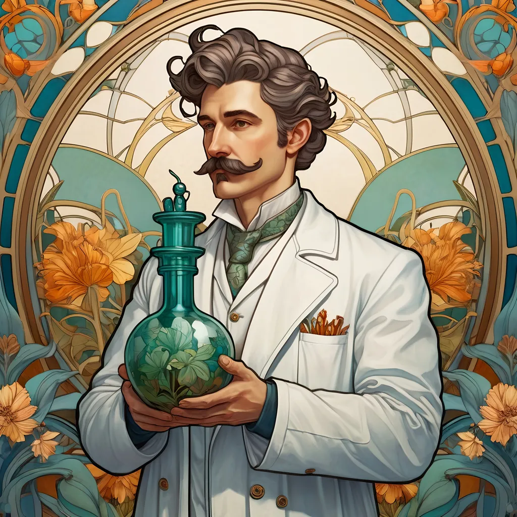 Prompt: "A portrait of a male scientist in the Art Nouveau style, reminiscent of the Statue of Liberty. She confidently holds a chemistry carafe aloft, dressed in a white lab coat fused with Art Nouveau fashion, adorned with floral patterns and intricate detailing. Her hairstyle is elaborate, typical of the period. The background is rich in Art Nouveau motifs, with organic forms, flowing lines, and stylized natural elements. The image resembles a tempera on canvas, capturing the textures and colors of the Art Nouveau era. The scientist is a beautiful woman with intricate, styled hair, embodying confidence and elegance." 