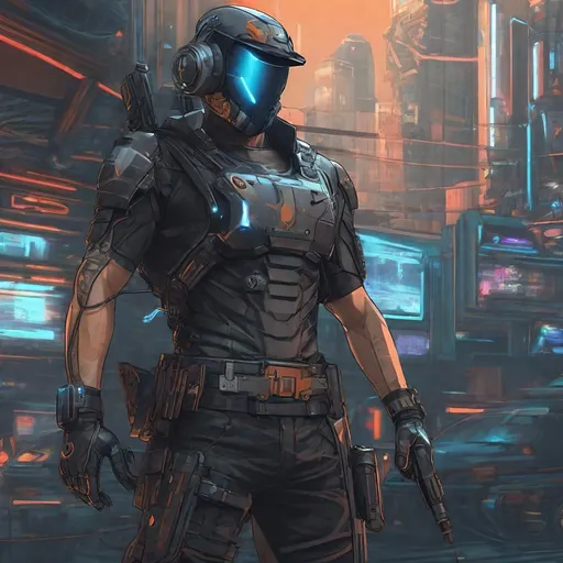 Prompt: standing, looking at camera, full body, cyberpunk, a man,  clever helmet with mask, no hair, 2d ilustration, cyber arm, simple draw,  rotary machine gun instead of an arm no shirt, clever coating all over the body, strong