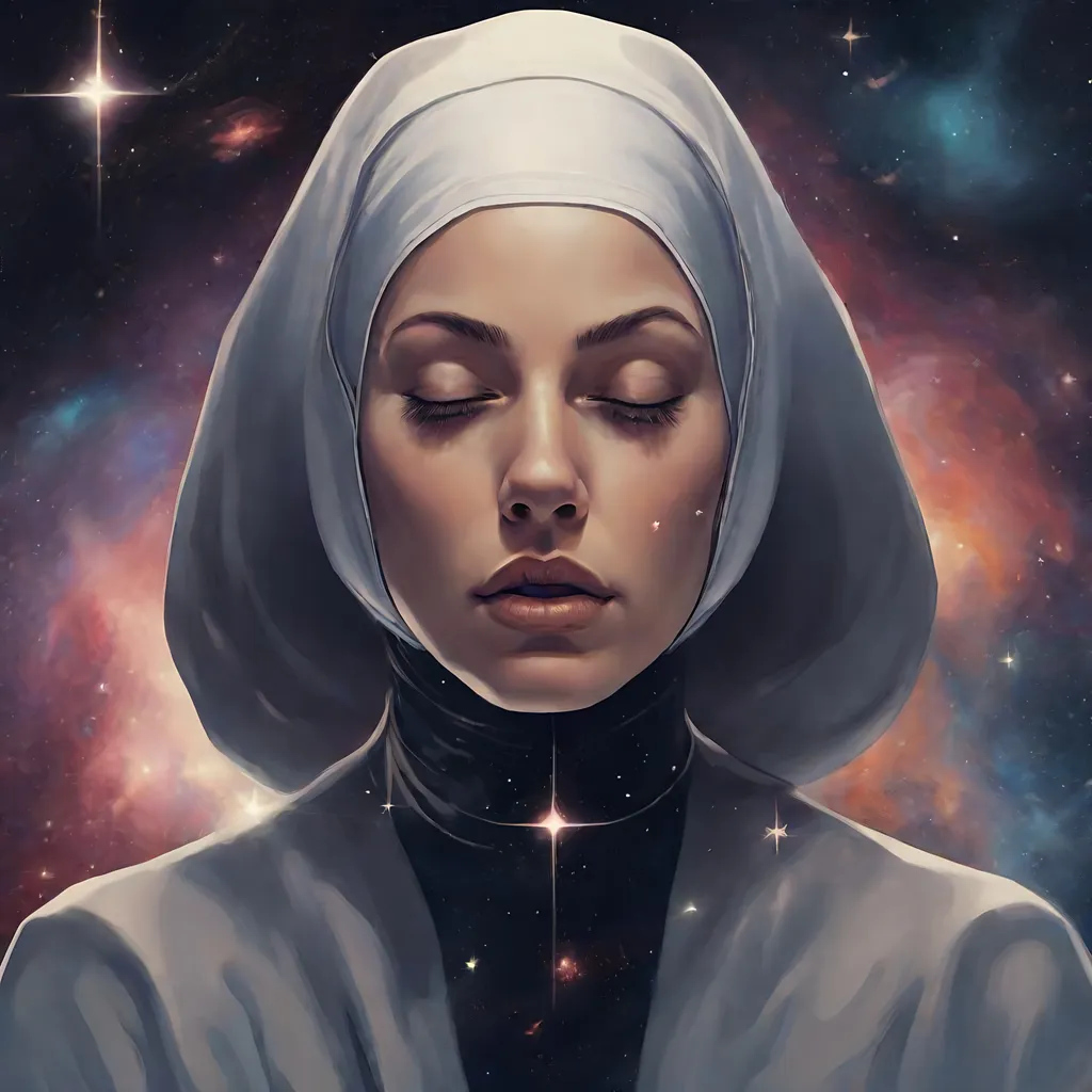 Prompt: nun exhaling galaxies and stars 