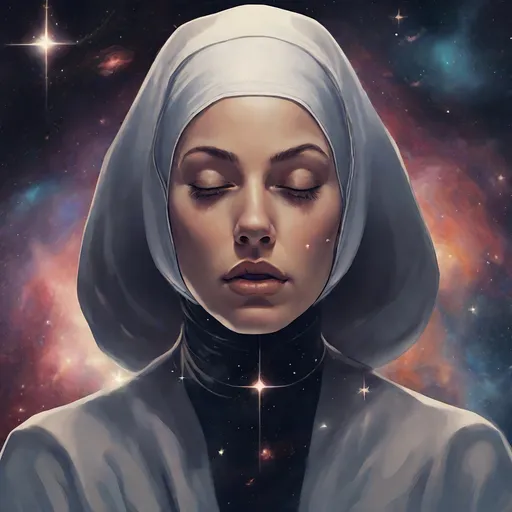 Prompt: nun exhaling galaxies and stars 