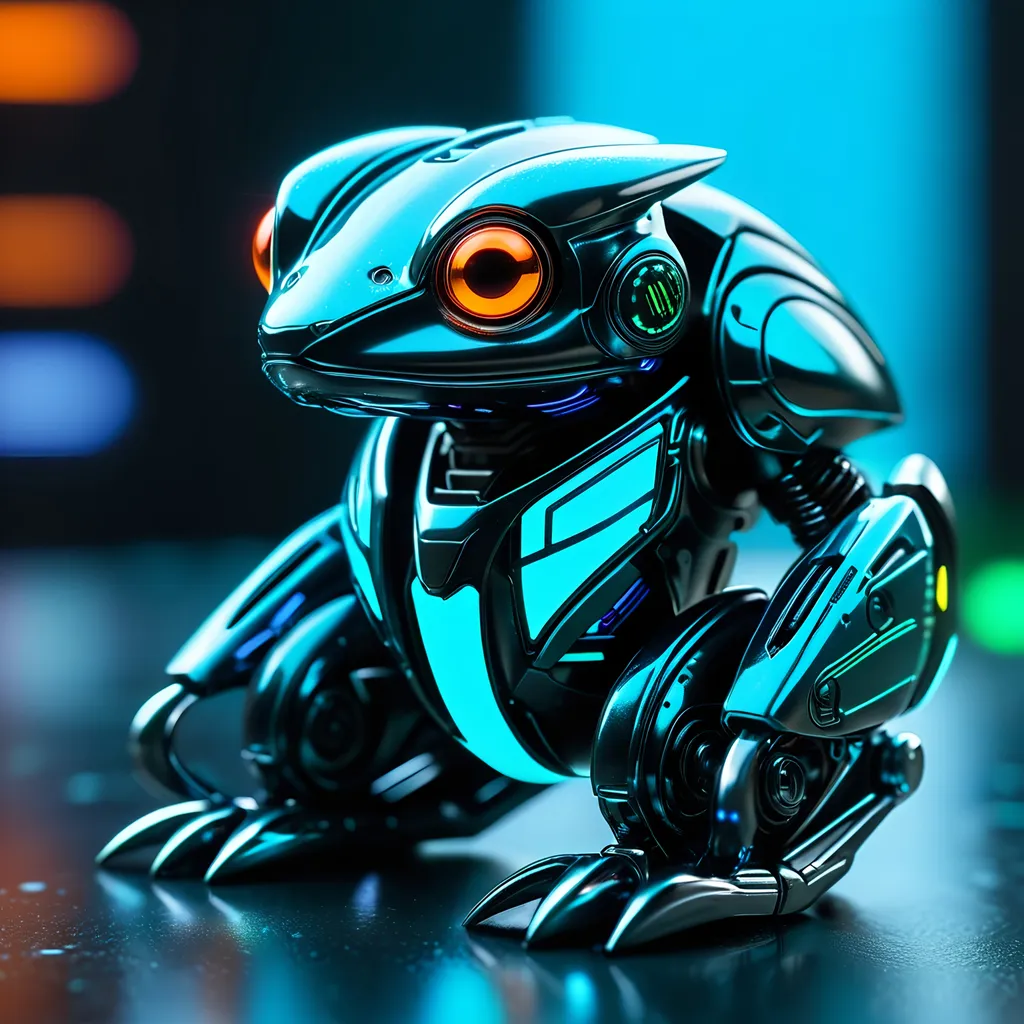 Prompt: Tiny frog mech, metallic and sleek design, futuristic sci-fi style, intense light blue and black color scheme, sparkling neon lights, miniature scale, highres, ultra-detailed, sci-fi, futuristic, metallic sheen, intense color scheme, miniature scale, neon lights, detailed design, professional, atmospheric lighting