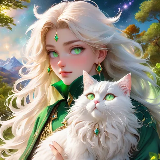 Prompt: wizard cat with {green fur} and {emerald green eyes}, senior female cat, earth element, trees, Erin Hunter, gorgeous anime portrait, beautiful cartoon, 2d cartoon, beautiful 8k eyes, elegant {white fur}, pronounced scar on chest, fine oil painting, modest, gazing at viewer, beaming green eyes, glistening green fur, low angle view, zoomed out view of character, 64k, hyper detailed, expressive, timid, graceful, beautiful, expansive silky mane, deep starry sky, golden ratio, precise, perfect proportions, vibrant, standing majestically on a tall crystal stone, hyper detailed, complementary colors, UHD, HDR, top quality artwork, beautiful detailed background, unreal 5, artstaion, deviantart, instagram, professional, masterpiece