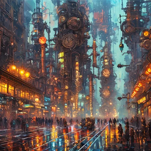 Prompt: Steam punk city, hyper-detailed acrylic art action painting, bursts of color, contrasting colors, vibrant atmosphere, high quality, ultra-detailed, acrylic painting, vibrant color palette, impressionist style, detailed brushstrokes, art studio lighting, energetic and lively