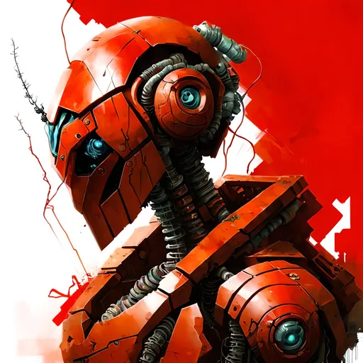 Prompt: cartoon red locust robot , cyberpunk tones, cyberpunk colors, mechanical environnement with vines and vegetation
