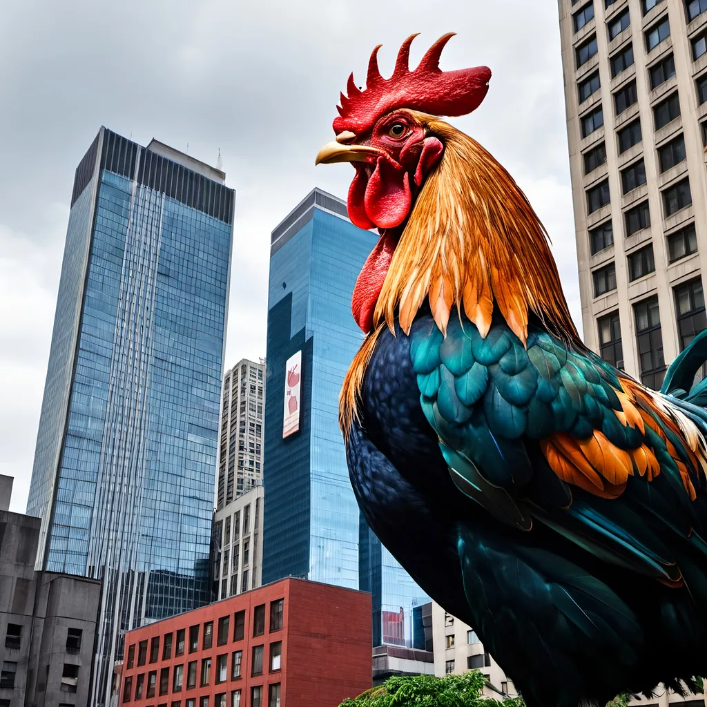 Prompt: Giant Rooster Looming over a city block.