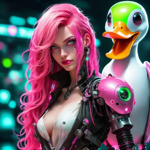 Prompt: Beautiful cybernetic female pirate with long neon pink hair that glows. Put a small robotic duck in the background.