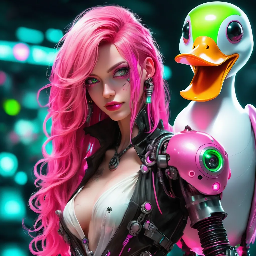 Prompt: Beautiful cybernetic female pirate with long neon pink hair that glows. Put a small robotic duck in the background.