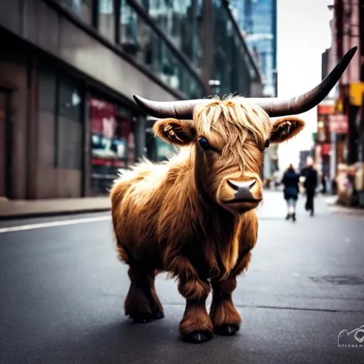 Prompt: small dwarf highland bull in the inner city.
