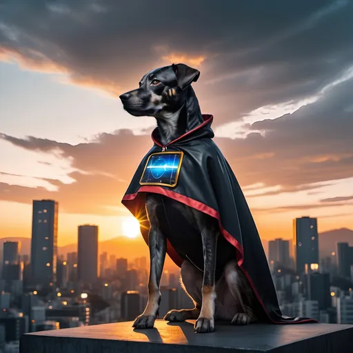 Prompt: mountain cur black dog in japanese cyberpunk city with sun set in a cape