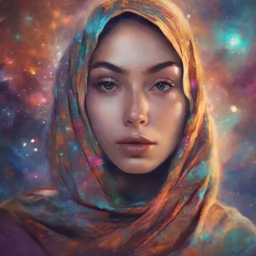 Prompt: Beautiful woman in hijab shooting galaxies from her eyes, digital illustration, cosmic atmosphere, intense gaze, flowing hijab with cosmic patterns, vibrant and dreamy, high quality, cosmic digital art, radiant colors, ethereal lighting