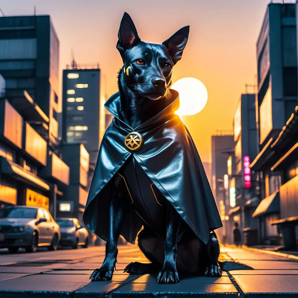 Prompt: mountain cur black dog in japanese cyberpunk city with sun set in a cape