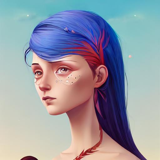 Prompt: In style of christian Schloe and daria Petrilli, a giant colorful bird flying with a beautiful cute girl with a very long and wild  ombre gradient blue hair on its back in a beautiful starry sky. Craquelure, egg tempera effect, Naive art, extremely detailed, optical illusion, oil painting 