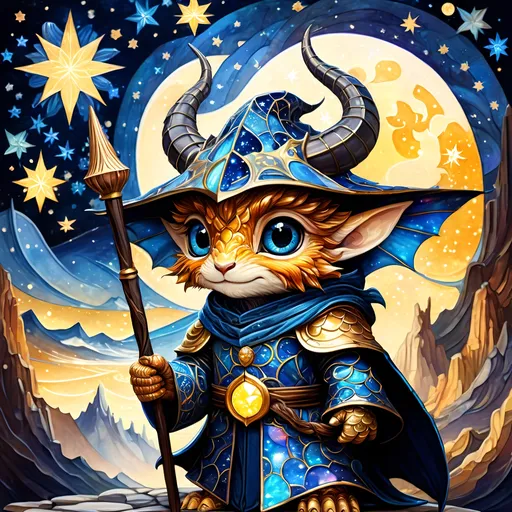 Prompt: an adorable chibi dragonborn wizard, dark starry night, gorgeous eyes, stained glass, fantasy illustration, textured with large visible brush strokes, detailed scales, hypermaximalism, astral patterns, star lit sky, masterpiece, breathtaking intricate details, in the style of Andreas Lie, van Gogh, Hokusai, Luke Gram, Albert Robida, Victo Ngai