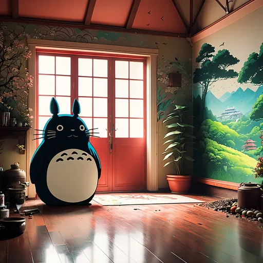 Prompt: studio ghili scene of graffiti in house spirited away combined with totoro 