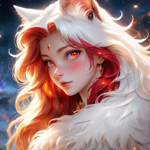 Prompt: wizard cat with {white fur} and {ruby red eyes}, senior female cat, fire element, flame, Erin Hunter, gorgeous anime portrait, beautiful cartoon, 2d cartoon, beautiful 8k eyes, elegant {red fur}, pronounced scar on chest, fine oil painting, modest, gazing at viewer, beaming red eyes, glistening red fur, low angle view, zoomed out view of character, 64k, hyper detailed, expressive, timid, graceful, beautiful, expansive silky mane, deep starry sky, golden ratio, precise, perfect proportions, vibrant, standing majestically on a tall crystal stone, hyper detailed, complementary colors, UHD, HDR, top quality artwork, beautiful detailed background, unreal 5, artstaion, deviantart, instagram, professional, masterpiece