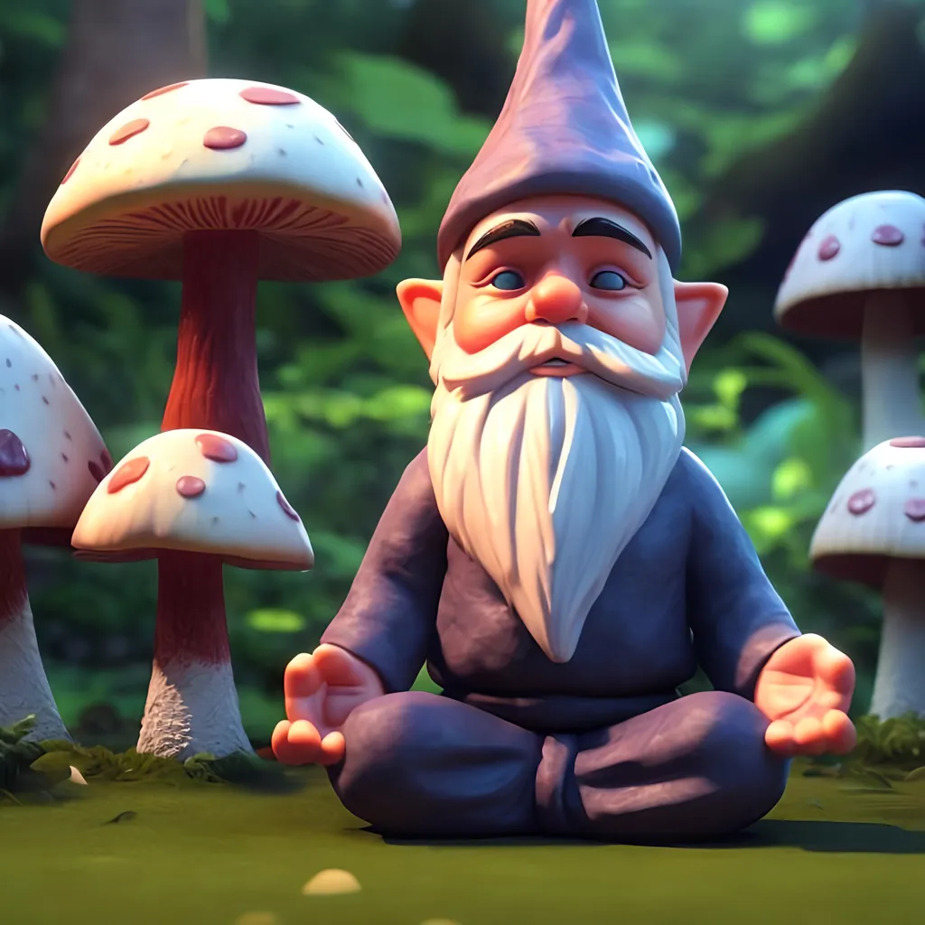 Prompt: a gnome meditating to expand his third eye. He sits criss-cross apple sauce on top of a large mushroom
