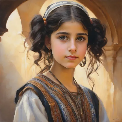 Prompt: A 13 years old Syrian girl, pale skin, black hair, pigtails, brown eyes, traditional Syrian dress, Old Damascus, photorealistic, extremely detailed painting by Greg Rutkowski by Steve Henderson