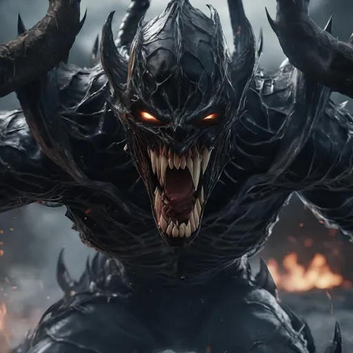 Prompt: Death Knight with a Venom mouth (Venom movie), with horns forward on his forehead, fire eyes, Hyperrealistic, sharp focus, Professional, UHD, HDR, 8K, Render, electronic, dramatic, vivid, pressure, stress, nervous vibe, loud, tension, traumatic, dark, cataclysmic, violent, fighting, Epic
