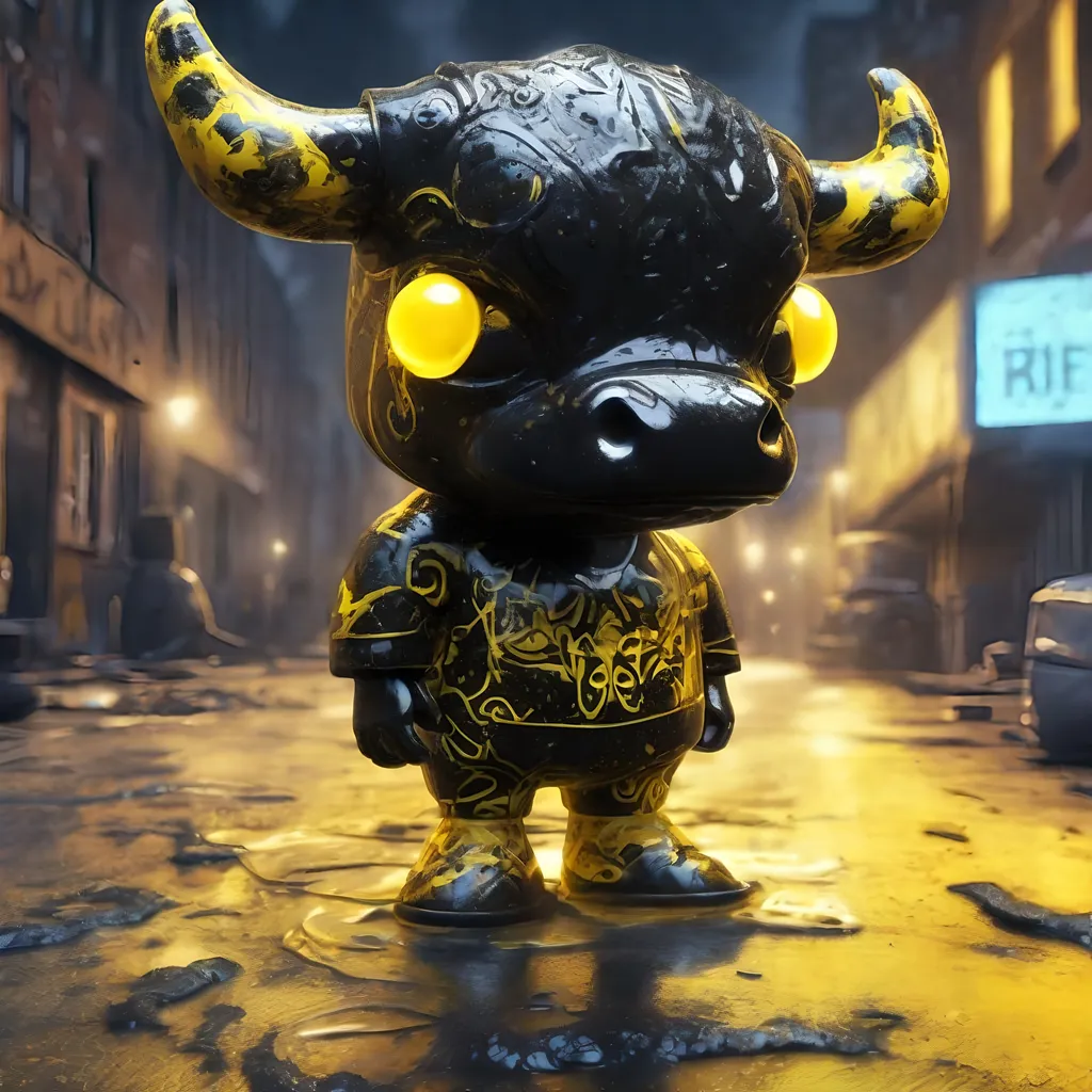 Prompt: A black and yellow translucent small dwarf bull humanoid made of black carbon fiber, graffiti all over it, standing up in the ghetto, highly detailed painting, photorealistic, sparkles, magical atmosphere, 8k