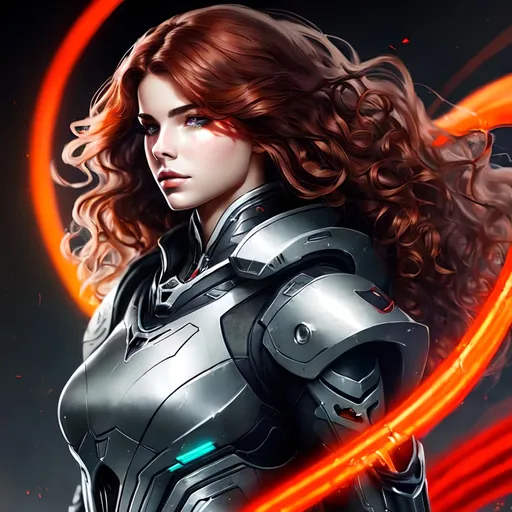 Prompt: lean Caucasian female with long curly brown hair and a scarred face, wearing silver biomechanical warframe armor. She is surrounded by glowing red mist. Behance HD, airbrush art