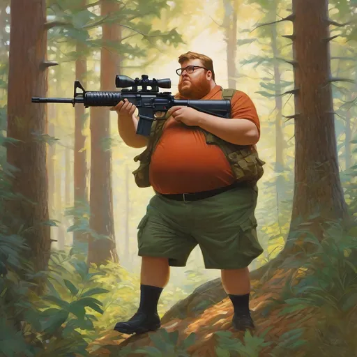 Prompt: Obese man, wielding an AR-15, in a forest, cartoony style, extremely detailed painting by Greg Rutkowski and by Henry Justice Ford and by Steve Henderson 