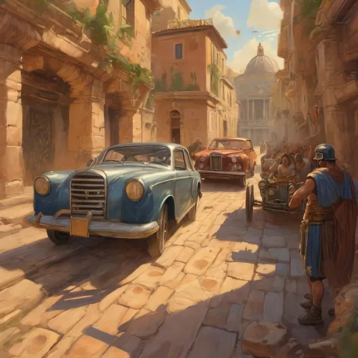 Prompt: Ancient Rome, car chase, cartoony, warm atmosphere, extremely detailed painting by Greg Rutkowski and by Henry Justice Ford and by Steve Henderson