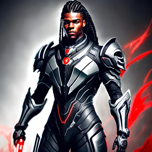 Prompt: lean black male with long braided hair and a scarred face, wearing silver biomechanical warframe armor. he is surrounded by glowing red mist. Behance HD, airbrush art