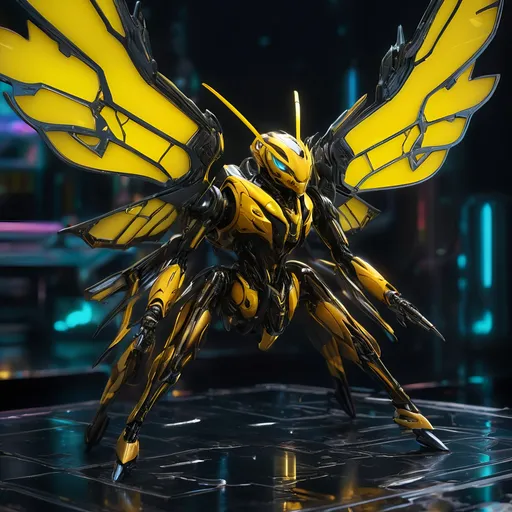 Prompt: Tiny hornet mech, metallic and sleek design, futuristic sci-fi style, detailed mechanical wings, intense yellow and black color scheme, sparkling neon lights, miniature scale, highres, ultra-detailed, sci-fi, futuristic, metallic sheen, mechanical wings, intense color scheme, miniature scale, neon lights, detailed design, professional, atmospheric lighting