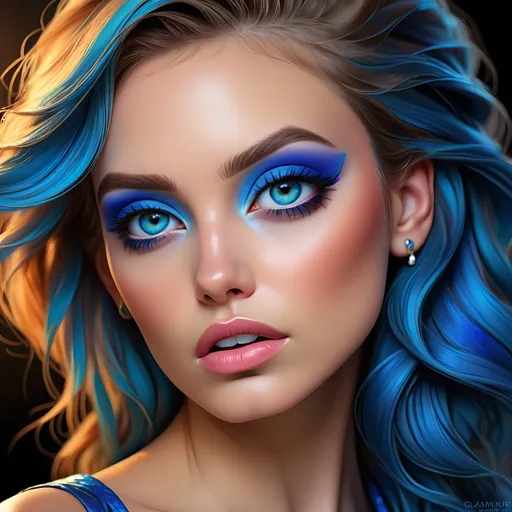Prompt: Woman with vibrant blue eyeshadow, high-quality portrait, detailed makeup, realistic painting, vibrant colors, glamorous, professional lighting, intense gaze, highres, realistic, detailed, portrait, vibrant blue eyeshadow, glamorous makeup, professional, intense gaze, realistic painting, vibrant colors, realistic lighting