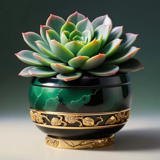Prompt: Onyx and jade pot with neon succulent, gold handles, highres, detailed, realistic painting, vibrant colors, natural lighting, intricate details, luxurious material, botanical illustration, elegant design, rich green tones, polished surfaces, high quality, realistic, succulent, onyx and jade pot, vibrant, natural lighting, intricate details, luxurious material, botanical illustration, elegant design, rich green tones, polished surfaces