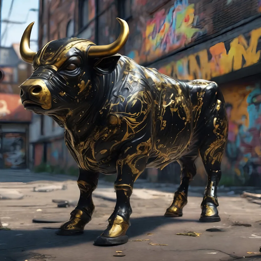 Prompt: A black and gold translucent dwarf bull humanoid made of black metal, graffiti all over it, standing up in the ghetto, highly detailed painting, photorealistic, sparkles, magical atmosphere, 8k