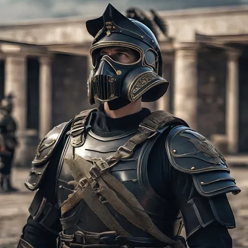 Prompt: A modern roman military male in black military armor galea helmet of roman armor, and gas mask, background military base, Hyperrealistic, sharp focus, Professional, UHD, HDR, 8K, Render, electronic, dramatic, vivid, pressure, stress, nervous vibe, loud, tension, traumatic, dark, cataclysmic, violent, fighting, Epic