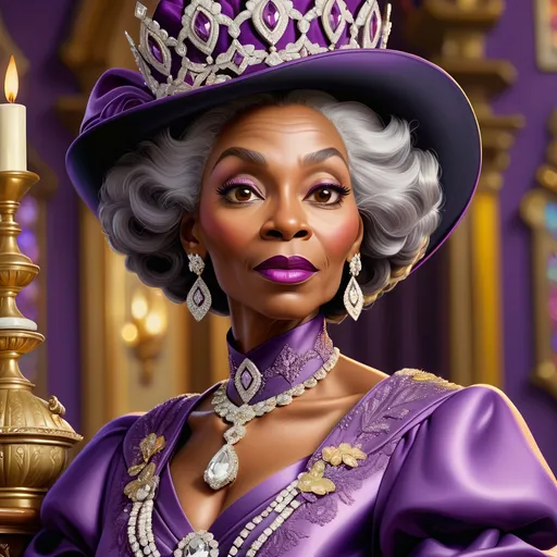Prompt: Close-up oil painting of an elegant elderly black woman in a regal purple church outfit, adorned with diamond jewelry and carrying a diamond-encrusted purse overflowing with 100 dollar bills, detailed facial features, high-quality, realistic, vibrant colors, opulent style, warm lighting, regal attire, detailed diamonds, oil painting, close-up portrait
