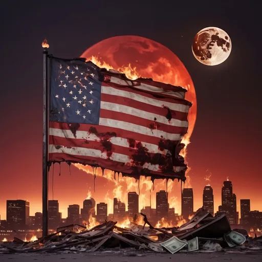 Prompt: A burning american tattered flag with dollar signs where the stars should be. The landscape is of a deserted city that is beginning to crumble. The Sky is a blood red and int the background the moon can be seen, smashed to bits.
