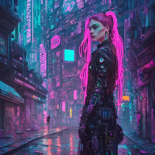 Prompt: A detailed portrait of a cyberpunk victorian pretty lady in a Futuristic Cityscape and Neon Pink Flamingo, Street Art, Graffiti Style, Bold, Digital Painting, Urban, Edgy, Colorful, 8K, Intricate Details illuminated by a neon sunset, by Alex Konstad, Tatsuya Ishida, and Patrick Brown, dramatic lighting, hyper-realistic details, with digital painting techniques, trending on Artstation, cinematic cinematic lighting.