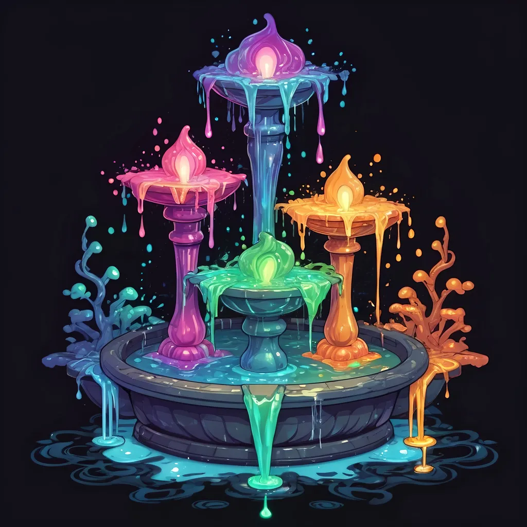 Prompt: A four-way fountain each side filled with strange glowing slime in many colors, in zen tangle art style
