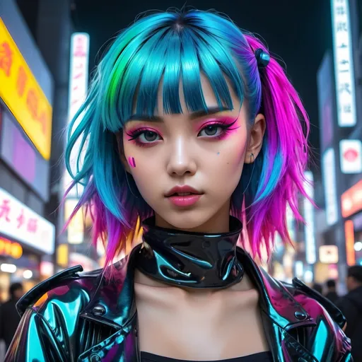 Prompt: Liquid metal Harajuku girl with vibrant colors, high-quality, liquid metal, futuristic fashion, neon-lit streets, vivid and vibrant, anime, cyberpunk, metallic sheen, colorful hair, edgy makeup, urban setting, highres, anime, futuristic, vibrant colors, cyberpunk, liquid metal, neon-lit streets