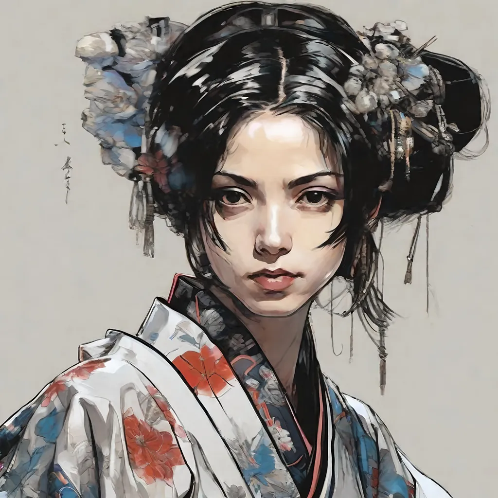 Prompt: (((Yoji Shinkawa))), sticker of ultra detailed portrait of Naomi Scott in japanese kimono,Kanzashi head accessories, high quality cell shaded illustration in post apocalyptic style by Yoji Shinkawa,(((sitting kneeling pose))), ((zoomed in face)),  (((katana))), (((Detailed hands))),perfect anatomy, centered, freedom, soul, blue and pink long hair, approach to perfection, cell shading, 4k , cinematic dramatic atmosphere, watercolor painting, global illumination, detailed and intricate environment, artstation, concept art, fluid and sharp focus, volumetric lighting, cinematic lighting, Art by Yoji Shinkawa and by Ilya Kuvshinov 
