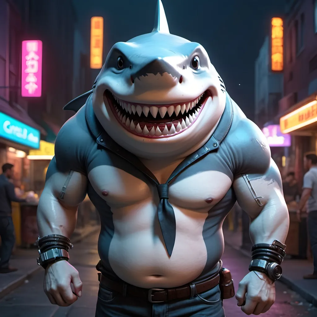 Prompt: anthropomorphic shark wearing cyberpunk street vendor, realistic, muscular, human proportions, on the streets of Night City, huge grin, lots of scars, cyberpunk,  high definition, professional Pixar, Disney, concept art, 3d digital art, Maya 3D, ZBrushCentral 3D shading, bright colored background, radial gradient background, cinematic, Reimagined by industrial light and magic, 4k resolution post processing