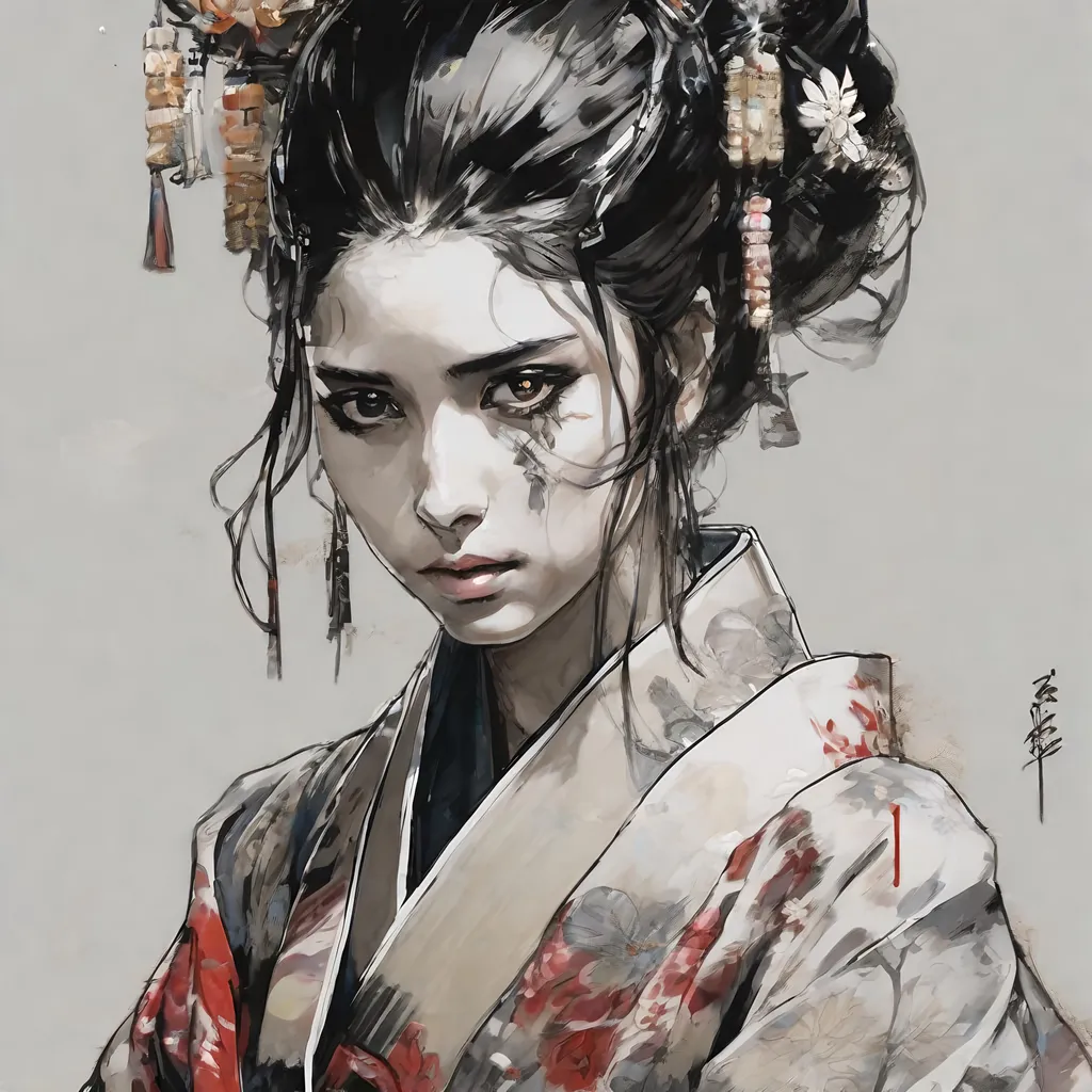 Prompt: (((Yoji Shinkawa))), sticker of ultra detailed portrait of Naomi Scott in japanese kimono,Kanzashi head accessories, high quality cell shaded illustration in post apocalyptic style by Yoji Shinkawa,(((sitting kneeling pose))), ((zoomed in face)),  (((katana))), (((Detailed hands))),perfect anatomy, centered, freedom, soul, blue and pink long hair, approach to perfection, cell shading, 4k , cinematic dramatic atmosphere, watercolor painting, global illumination, detailed and intricate environment, artstation, concept art, fluid and sharp focus, volumetric lighting, cinematic lighting, Art by Yoji Shinkawa and by Ilya Kuvshinov 
