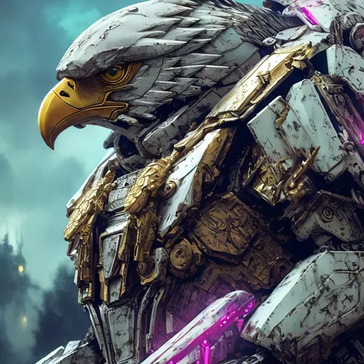 Prompt: Poster art, high-quality high-detail highly-detailed breathtaking hero ((by Aleksi Briclot and Stanley Artgerm Lau)) - ((a Eagle)),  detiled eagle mech suit, 8k ivory and magenta helmet, highly detailed eagle head helmet, add some baby blue, glowing chest emblem ,carbon fibre helmet, mech armor, detailed feathers, queen of the eagles, detailed ivory mech suit, full body, black futuristic mech armor, wearing mech armour suit, 8k,  full form, detailed forest wilderness setting, full form, epic, 8k HD, ice, sharp focus, ultra realistic clarity. Hyper realistic, Detailed face, portrait, realistic, close to perfection, more black in the armour, 
wearing blue and black cape, wearing carbon black cloak with yellow, full body, high quality cell shaded illustration, ((full body)), dynamic pose, perfect anatomy, centered, freedom, soul, Black short hair, approach to perfection, cell shading, 8k , cinematic dramatic atmosphere, watercolor painting, global illumination, detailed and intricate environment, artstation, concept art, fluid and sharp focus, volumetric lighting, cinematic lighting, 
