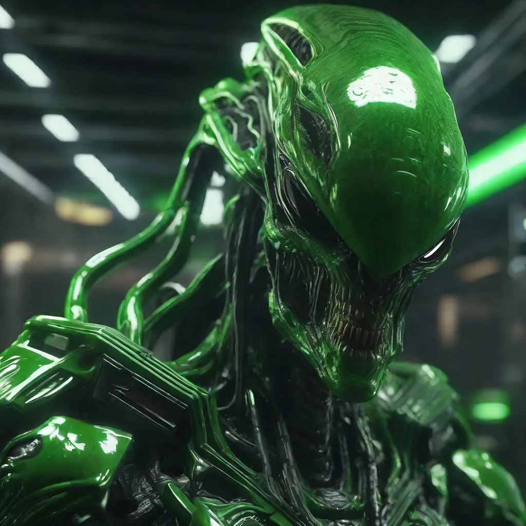 Prompt:   Alien green male hideous and deformed horror Fungoid head ,cybenetic gear, shooting guns, sharp focus, Professional, UHD, HDR, 8K,  Render, electronic, nervous vibe, loud, tension, dark, Epic