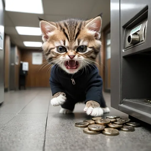 Prompt: very angry kitten robbing bank.